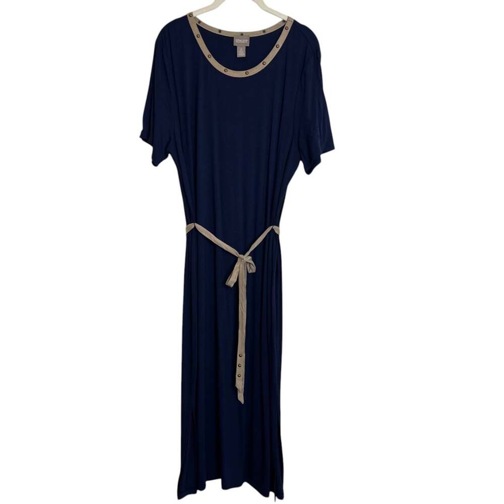 Chicos Midi Dress Size 2 Navy Blue Faux Leather Trim Studded Belted Short Sleeve